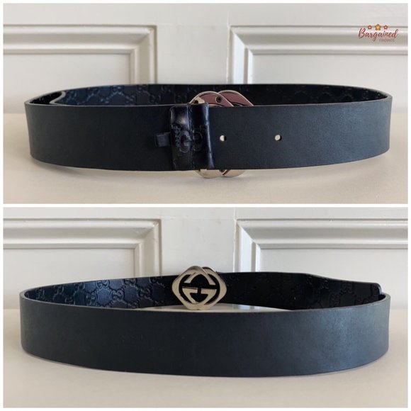 Authentic Gucci Black Monogram Leather Silver Interlocking Square G Belt 100/40 - Picture 6 of 13
